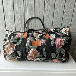 VTG 80s Floral Linen Cotton Canvas Weekender Duffle Bag Leather Trim 22"